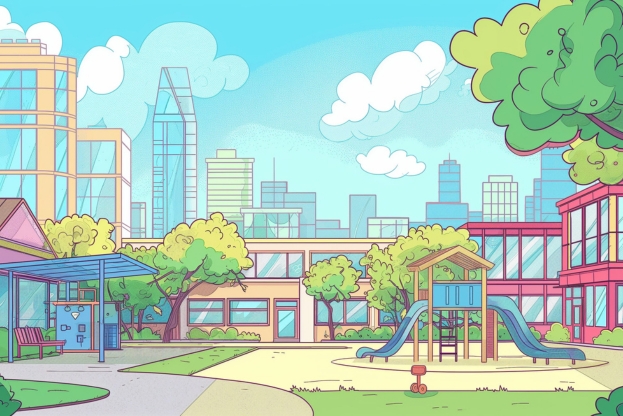 An illustration of the exterior of a child care facility against a city skyline