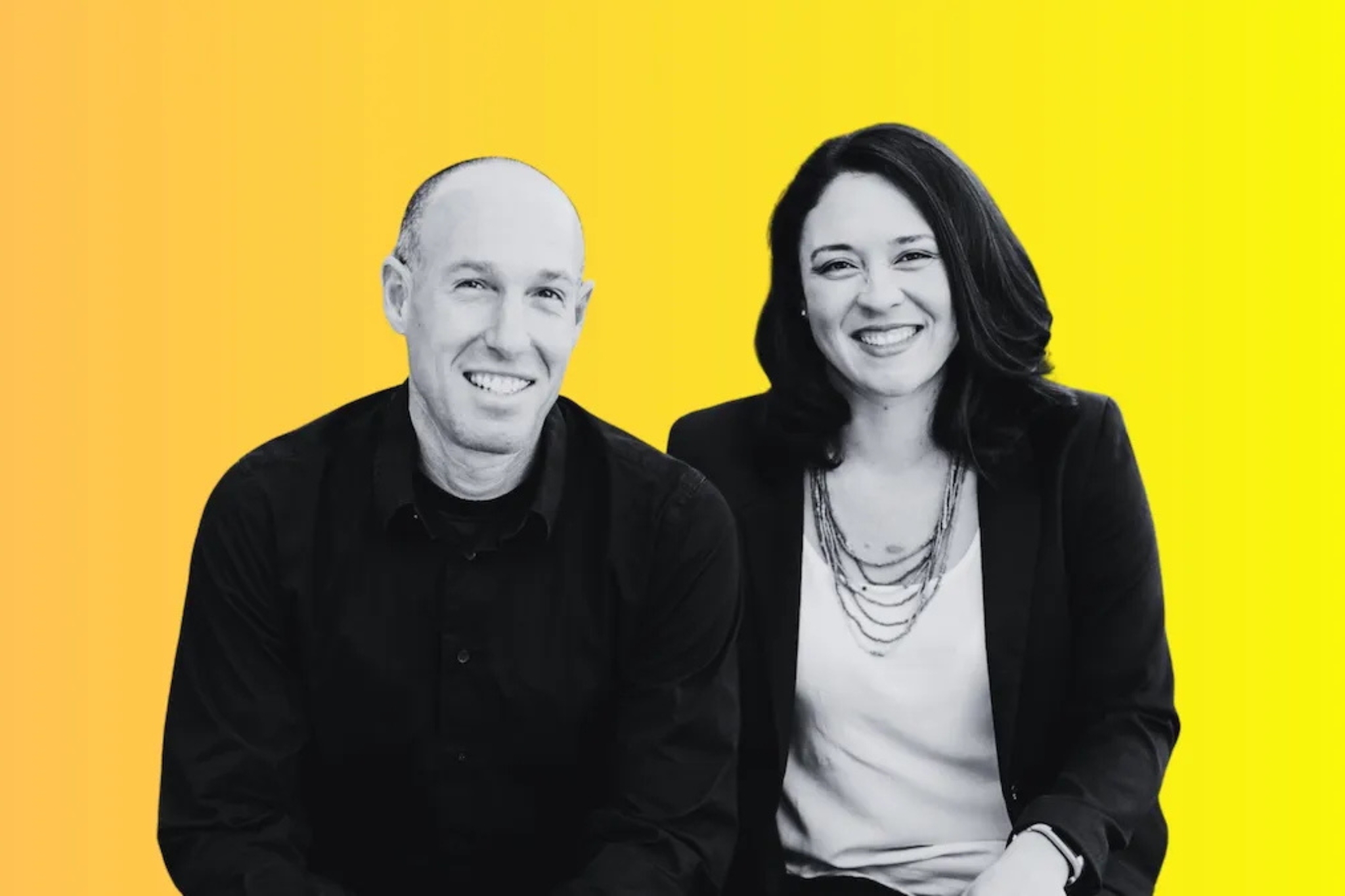 A black and white image of David Lynn and Lauren Grattan against a yellow gradient background