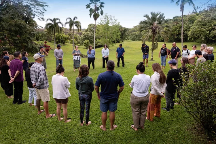 A group of people stand in a large circle on grass surrounded by some trees and shrubs