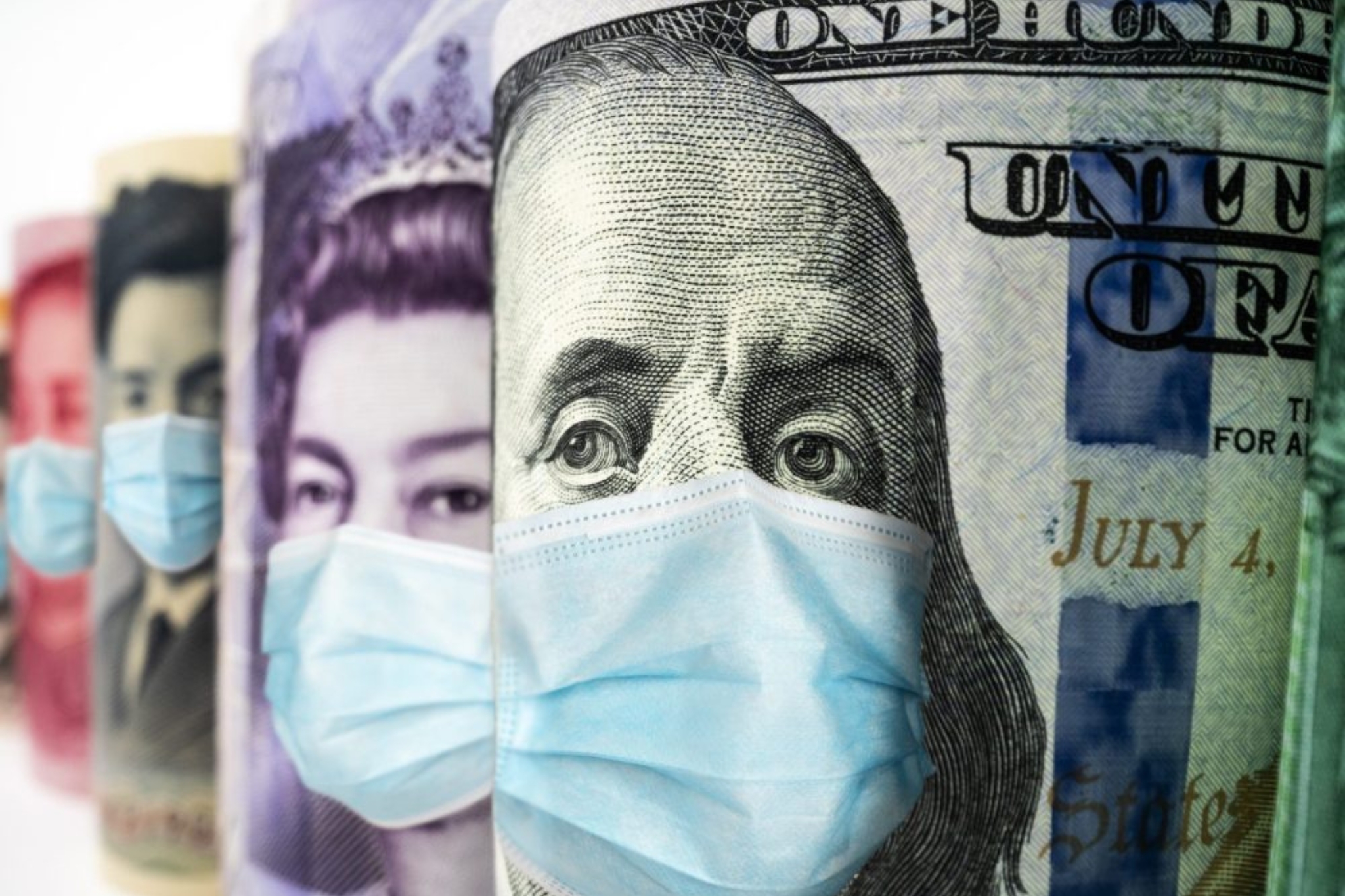 Image of figures on money bills wearing surgical masks