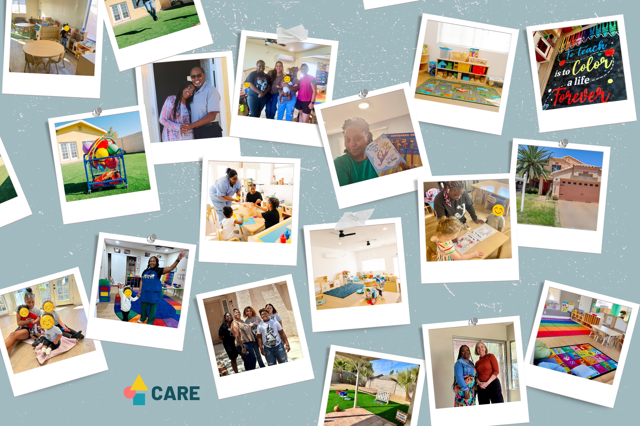 A collage of photos from different child care providers and properties, including photos of providers, interior child care spaces, exterior spaces, and children whose faces have been disguised with emojis