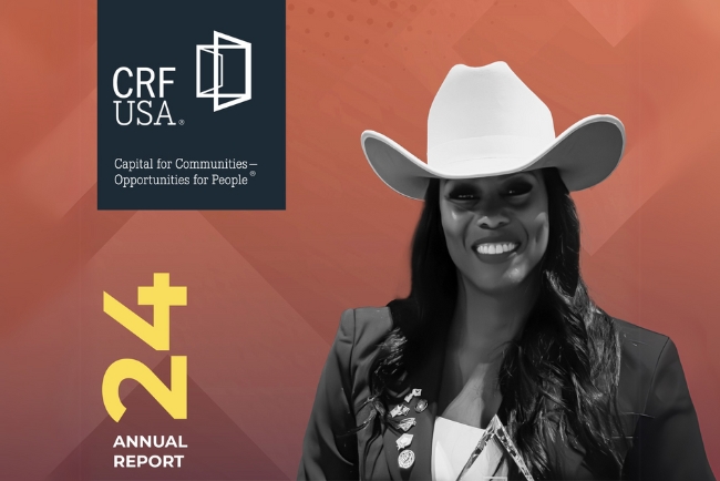 Cover of CRF USA 2024 annual report featuring a black and white photo of a woman wearing a cowboy hat