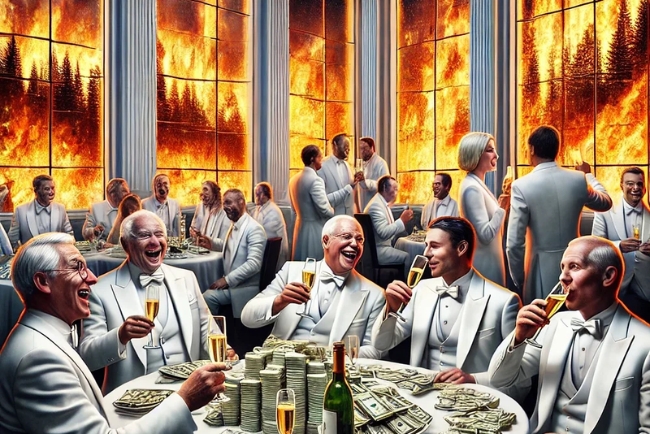 AI-generated image of people in white suits laughing and drinking champagne while the fires burn outside