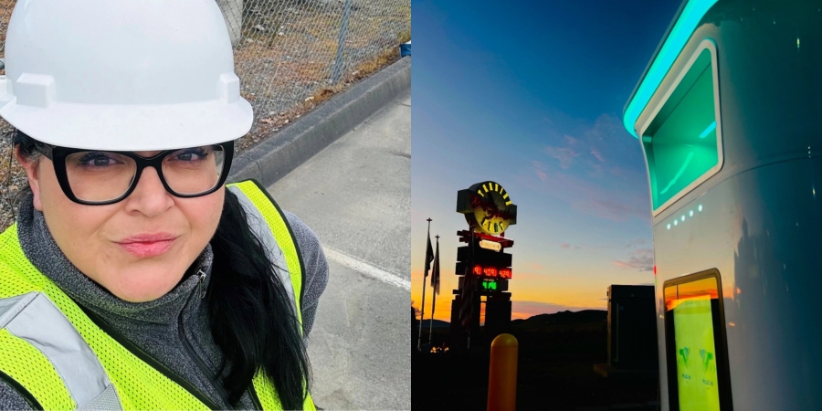 On the left is a selfie of a woman wearing a hard hat and safety vest smiling into the camera; on the right is an EV charging station seen at dusk